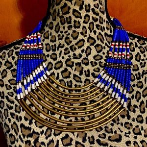 Multiple Layer Electric Blue and Brass African inspired necklace.